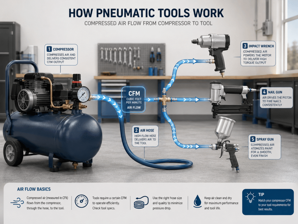 CFM explained with airflow from an air compressor to pneumatic tools.