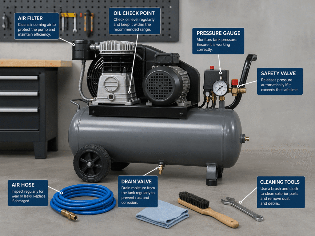 Air compressor maintenance tips including draining moisture, checking oil, filters, hoses, and safety valve.