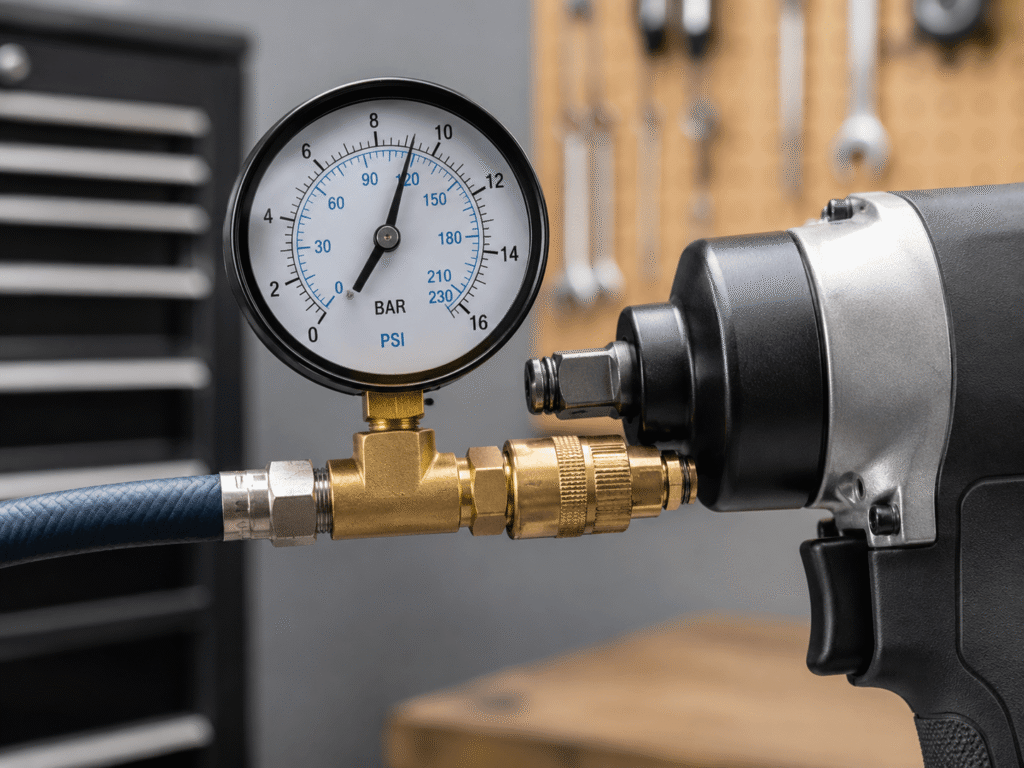 Air compressor PSI guide showing pressure gauge and connected air hose.