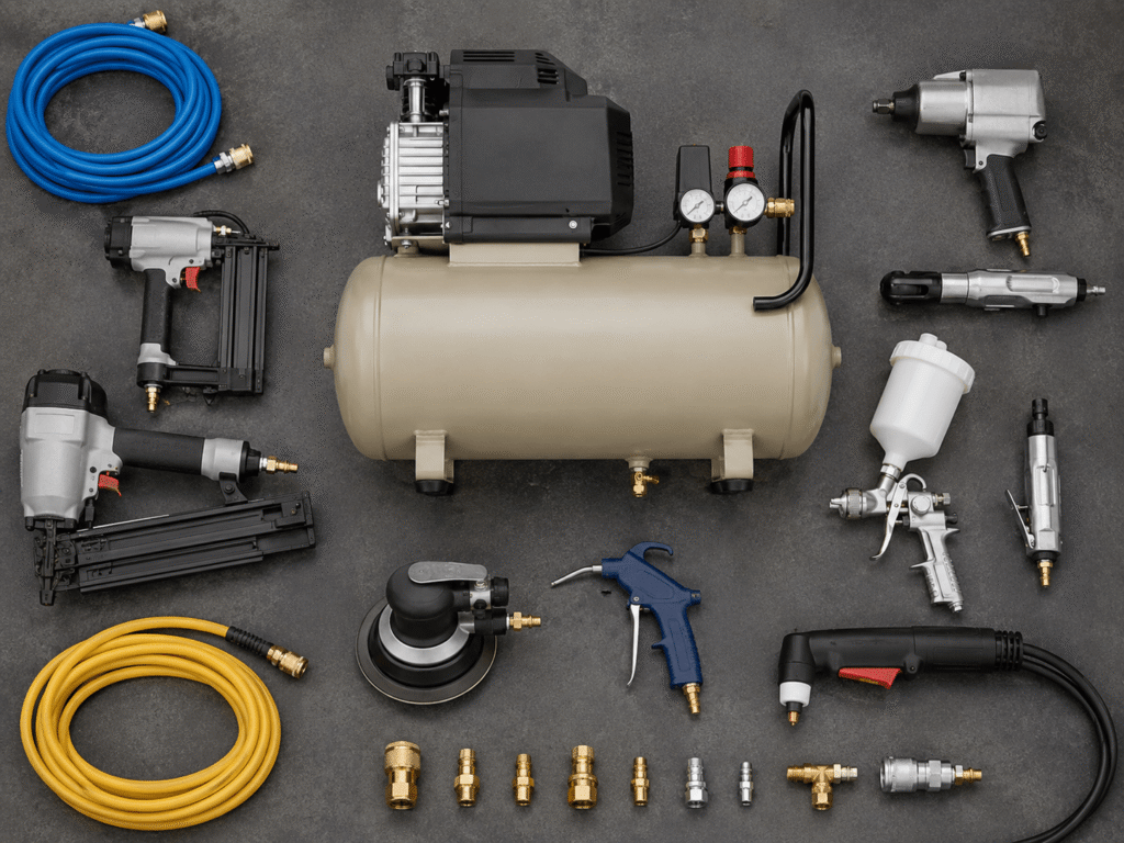 Air compressor sizing by tool with nailer, impact wrench, spray gun, grinder, and sander.