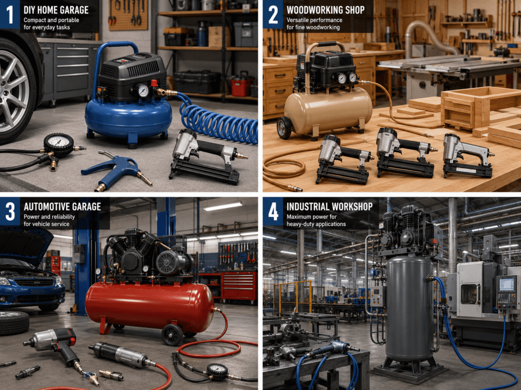 Air compressor size recommendations for DIY, woodworking, automotive, and industrial users.