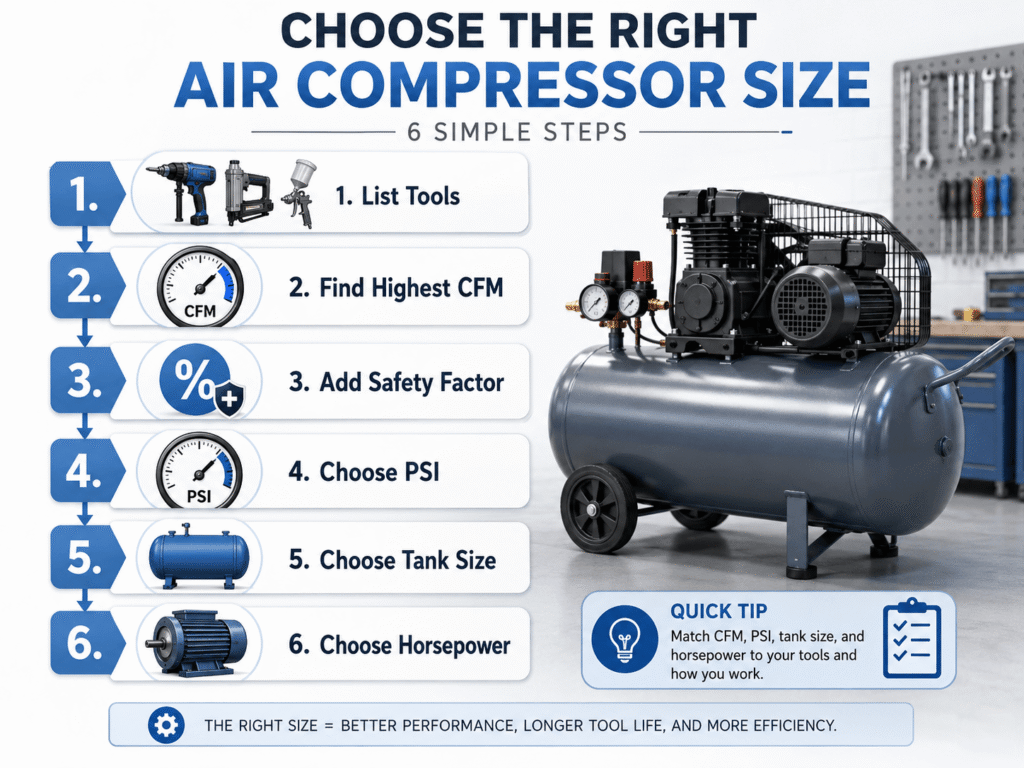 Step-by-step air compressor size calculator checklist for CFM, PSI, tank size, and horsepower.