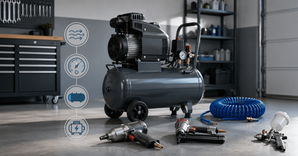 Air Compressor Size Guide: How to Choose the Right Compressor for Any Job Air compressor size guide showing compressor, pressure gauge, air hose, and pneumatic tools in a workshop.