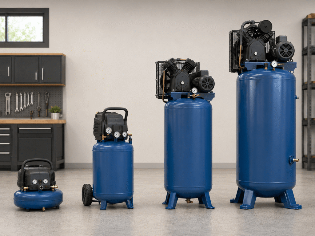 Air compressor tank size comparison from small portable compressor to large industrial compressor.