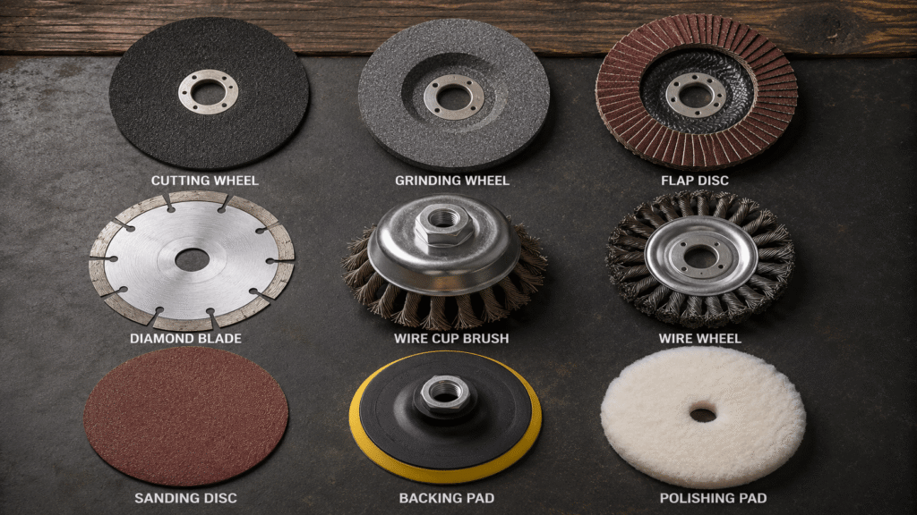 Angle grinder accessories including cutting wheel grinding wheel flap disc diamond blade and wire brush