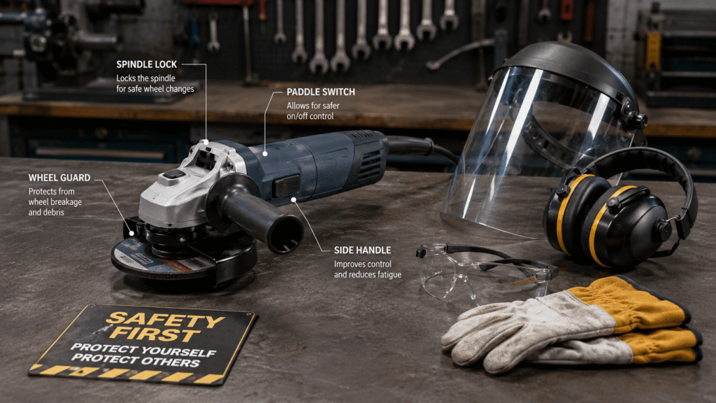 Angle grinder safety features including wheel guard side handle paddle switch and protective gear