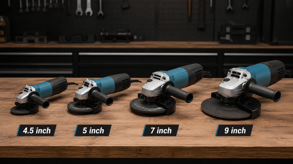 Angle grinder size guide comparing 4.5 inch 5 inch 7 inch and 9 inch grinders