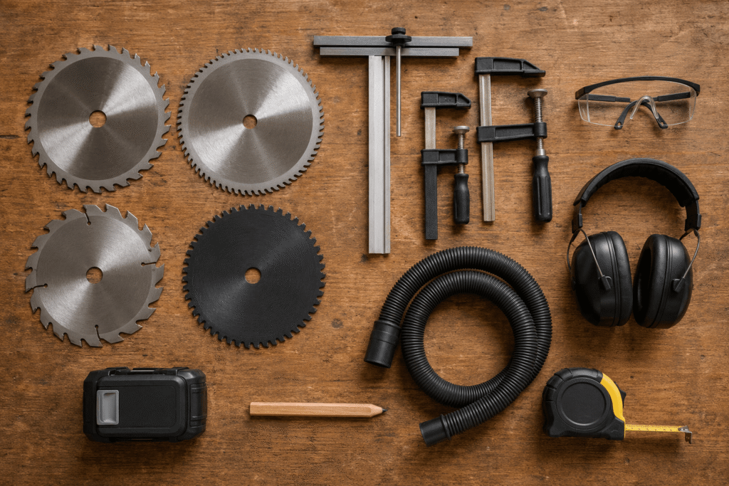 Essential circular saw accessories including blades, clamps, safety glasses, and rip guide