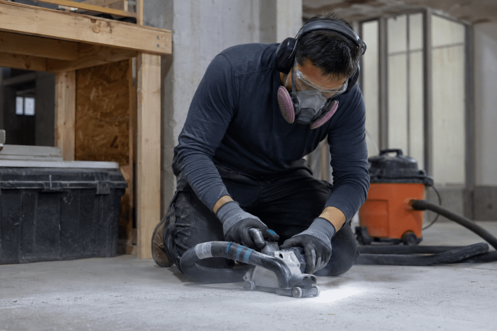 Worker using respirator and dust extraction while cutting concrete