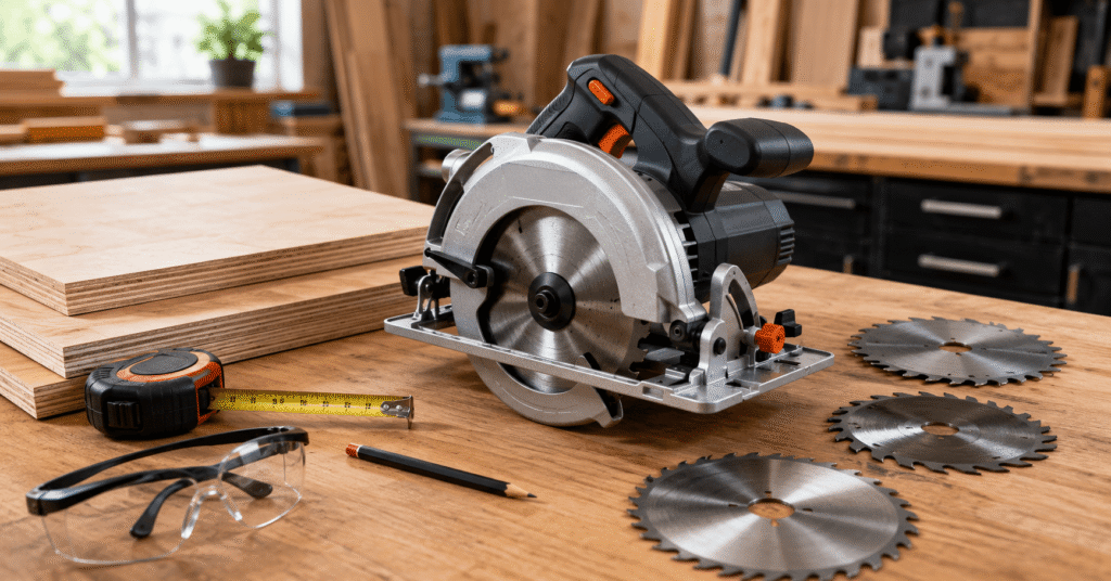 How to Choose a Circular Saw: Complete Buying Guide for DIYers and Professionals Circular saw buying guide with blades, safety glasses, and woodworking tools on a workbench