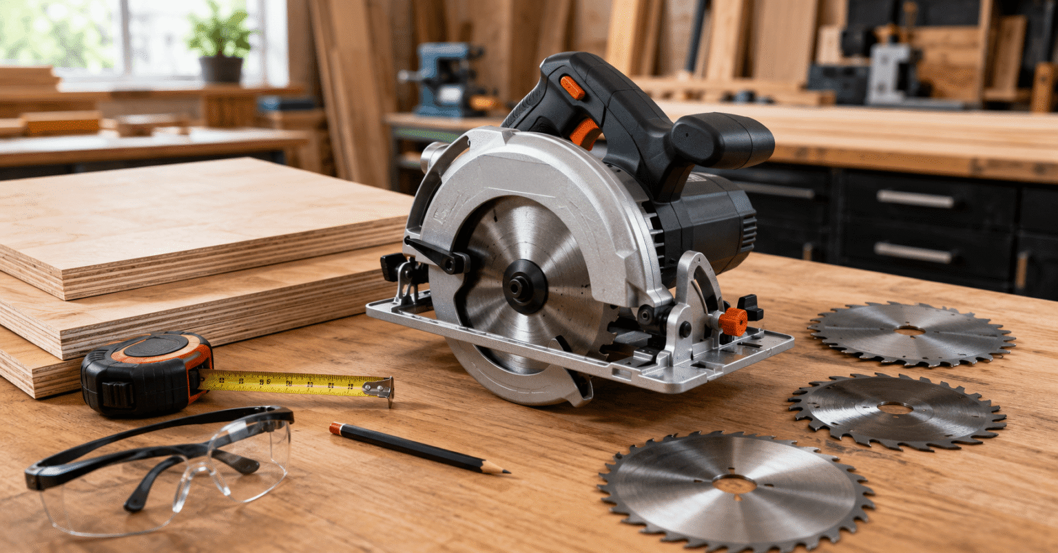 Circular saw buying guide with blades, safety glasses, and woodworking tools on a workbench
