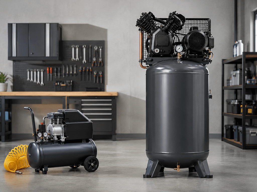 Portable and stationary air compressor comparison for workshop and garage use.