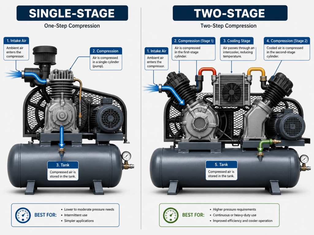 Single-stage vs two-stage air compressor comparison diagram.