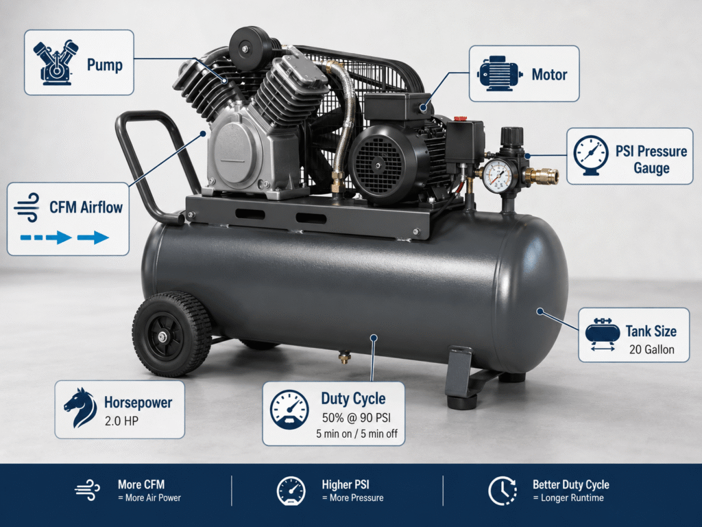 Diagram explaining air compressor size including CFM, PSI, tank size, horsepower, pump, and duty cycle.