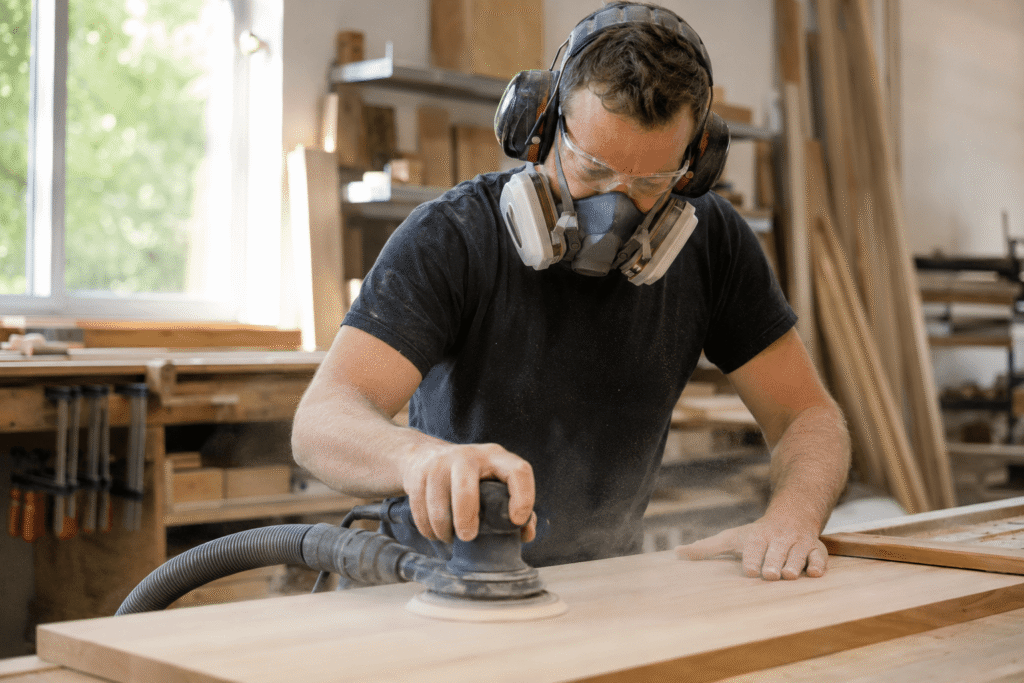 Woodworker wearing a respirator while sanding wood in a workshop