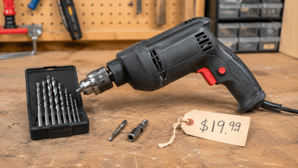 Affordable power drill with basic accessories and price tag.