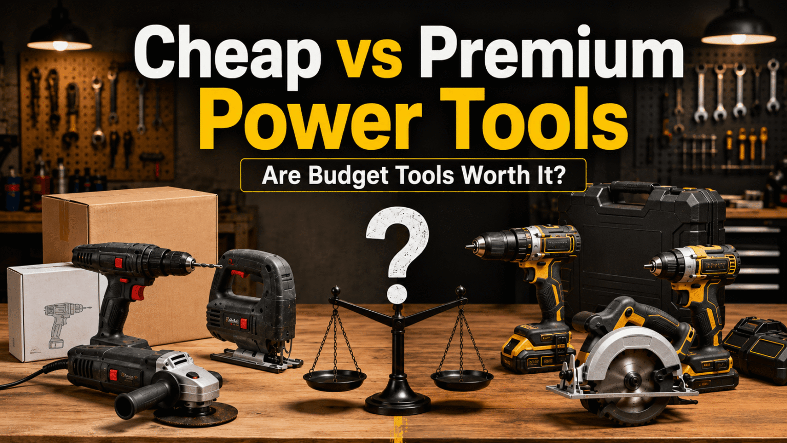 Budget and premium power tools compared on a workshop table.