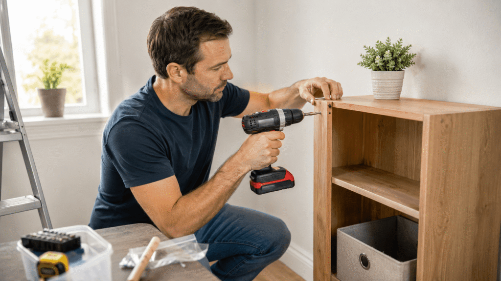 Homeowner using a budget cordless drill for a simple DIY project.